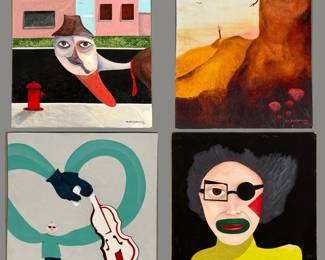 board. “If It Looks Like A Duck” dated ‘04, signed, size 17-1/2”W x 20”H; untitled dated ‘95, signed, size 17”W x 20”H; “The Blind Fliddler” dated ‘97, signed, size 22”W x 23”H; “Some Clown” dated ‘96, signed, size 18.5”W x 20.5” W.