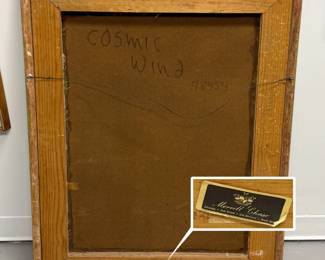 Back view of "Cosmic Wind" acrylic on masonite painting by Leonardo Nierman, 24" X 32", signed; shows vintage foil gallery tag from Merrill Chase Galleries, a prominent Chicago-based fine art dealer