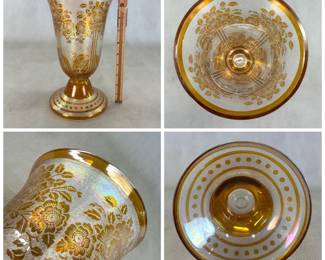 More views of the Art Deco era amber cut-to-clear art glass vase, 10 inches tall, with roses and lily of the valley floral motif  