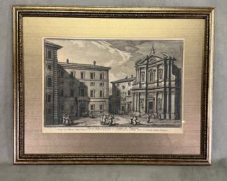 18th-century copperplate etching titled Chiesa della SS. Trinità ed Ospizio de' Pellegrini by the Italian architect and printmaker Giuseppe Vasi (1710–1782), published in his monumental 1747 work Delle magnificenze di Roma antica e moderna. Framed size 19-1/4"W x 15-1/4"H.