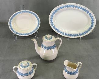 Vintage Wedgwood Etruria Embossed Queen's Ware vegetable dish, oval serving platter, coffee pot, lidded sugar, and creamer