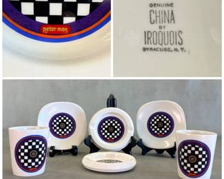 More views of the vintage pop art tableware and ashtrays designed by Peter Max and manufactured by Iroquois China in the late 1960s (c. 1968), featuring the iconic Opticon Checkerboard pattern.