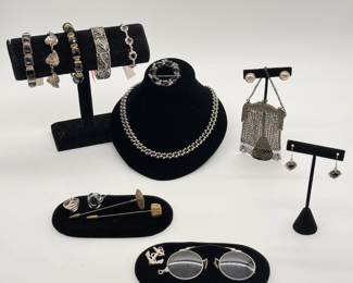 Fashion bracelets, chunky chain link necklace, antique pince nez eyeglasses; antique metal mesh handbag, 