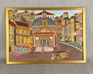 Signed framed painting by Serbian artist Emerik Feješ (1904-1969), colorful naïve-style painting of a European street scene