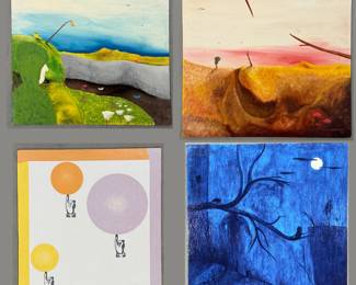 Original, signed paintings by Michigan outsider artist Dennis L. Olejarczyk, paint on board: “Where Soxs Go” dated ‘95, size 18”W x 16”H; "015" dated '95, size 19”W x 17-13/16”H; “Balance” dated ‘94, size 16”W x 14”H; and untitled painting size 15”W x 16”H.