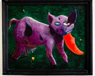 "Cow" original painting by Michigan outsider artist Dennis L. Olejarczyk, signed, dated '91, framed size is 26.75"W x 22.25"H.