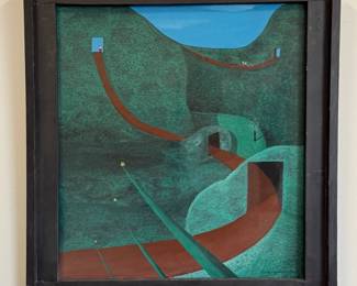 Original painting on board by Muskegon, Michigan outsider artist Dennis L. Olejarczyk. Signed and dated ‘99, untitled; framed size 23-3/4”W x 25-1/4”H.