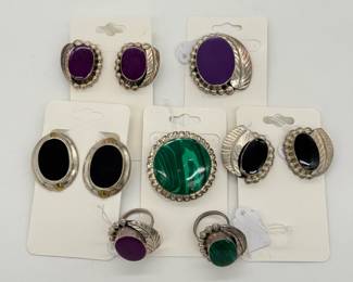 Vintage Mexican silver brooches, earrings and rings with natural stone cabochons