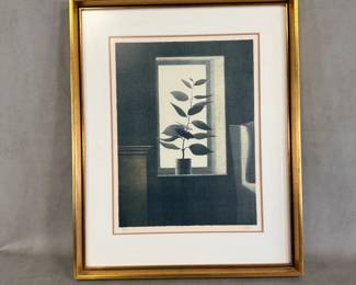 "Murie’s Window" limited edition lithograph print by Robert Kipniss, signed, #144/250, from the 'Kipniss: Interiors and Backyards' portfolio. Lithograph is 12"W x 16"H, framed size 19-1/4"W x 23-3/4"H.