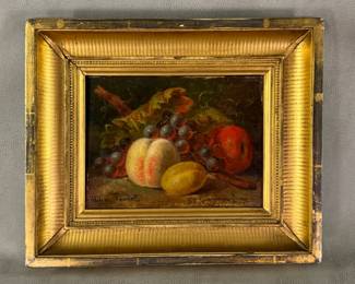 Hélène Taurel (1836-1919) still life oil painting of grapes, peach, plum and apple. 12-1/2" x 15".