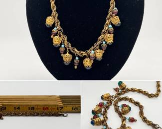 More views of the 1930s Czech necklace, 17" long, Etruscan Byzantine bib charm necklace