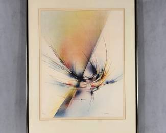"Forms in Space" color lithograph by Leonardo Nierman, signed, #100/150, 19.5 X 22.5”, framed size is 27"W x 35"H.