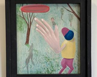 "Frisbee" original painting on board by outside artist Dennis L. Olejarczyk of Muskegon, Michigan. Signed and dated '00. Framed size is 15"W x 16-1/2"W.