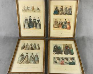 Four antique framed lithograph plates, depicting 16th-century European feminine fashion and historical dress, from Auguste Racinet's monumental work Le Costume Historique (The Complete Costume History), originally published in Paris by Firmin-Didot et Cie between 1876 and 1888. Framed size is 9-1/8"W x 12-5/8"H.