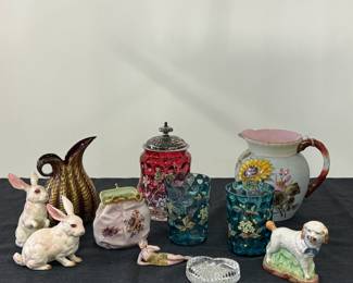 A pair of Lefton Porcelain rabbit figurines; vintage art glass pitchers; an antique German porcelain bisque "bathing beauty" figurine from the Art Deco era; antique coinspot pattern hand-painted drinking glasses and lidded jar; a vintage, a hand-painted porcelain purse-shaped trinket box