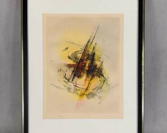 "Arabesque III" signed limited edition etching by Leonardo Nierman, #129/150, image 11-3/4"W x 15-3/8"H, framed 18-3/4"W x 23-1/4"H.