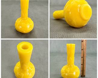 More views of the Chinese Peking glass vase, vivid yellow, the globular body rising from a short flat foot to a tall neck, carved in relief around the exterior with foliate sprays, the neck with symmetrical bands of leaves. 4-5/8”H.
