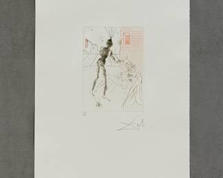 Full-sized view of Salvador Dali's "Henry V(a)" drypoint etching with color from Dali's Shakespeare II suite, 1971,  hand signed and numbered 131/250.  Image is 5"x7", sheet is 17-1/2 x 12-1/4 inches. Full suite available at this sale.