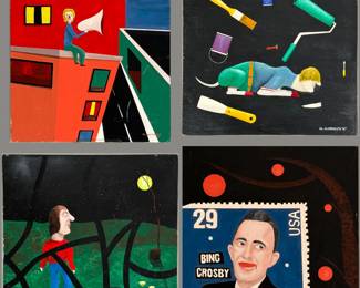Expressive, surrealistic, and vivid original paintings by outsider artist Dennis L. Olejarczyk of Muskegon, Michigan. Painted on board. “Things That Smell” dated ‘96, signed, size 15”W x 16-1/2”H; “Get Up & Paint the Ketchen” dated ‘91, signed, size 22.5”W x 20.5”H; “Stained Glass” dated ‘96, signed, size 23”W x 21.5”H; “Crosby Remembered” dated ‘96, signed, size 20”W x 20”H. 