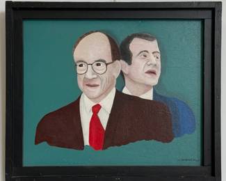 "Greenspan the Real Pres" original signed painting on board, signed, dated '01, by outsider artist Dennis L. Olejarczyk. Framed size is 23.75"W x 20"H.