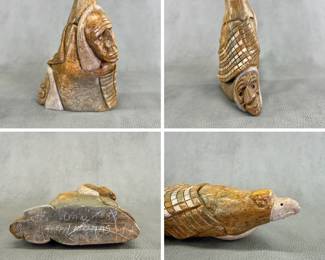 More views of the Iroquois (Six Nations) steatite/soapstone carved sculpture created by Canadian Indigenous artist Dan Thomas, signed on base and dated '83, and approximately 2-1/4"W x 8"H x 5"D.