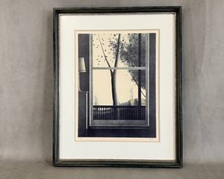 "Interior With Balcony" limited edition lithograph print by Robert Kipniss, signed, #144/250, from the 'Kipniss: Interiors and Backyards' portfolio. Lithograph is 12"W x 16"H, framed size 19-1/4"W x 23-3/4"H.