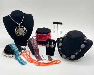 Necklaces, beadwork trimmings, earrings, bracelets