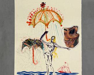 "Antiumbrella with Atomized Liquids" from Salvador Dali’s “Objects and Imaginations of the Future” suite, 1975, Japon paper edition, 21” X 28”, signed in pencil and inscribed 'LVI/LXXV'