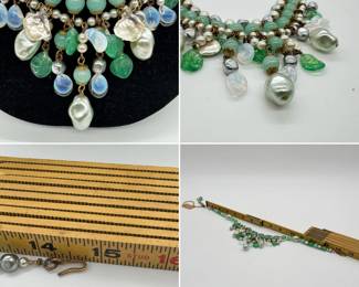 More views of the lovely 1950s French necklace, 14" length, with a bib/collar silhouette of complex, layered strands molded opaque green jadeite-style glass beads, faux pearls, smooth round roundels, and distinct opalescent teardrop/leaf glass charms that exhibit an iridescent blue-white flash