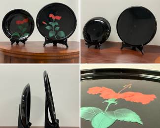More views of the traditional Ryukyu lacquerware tray and dish from Okinawa, Japan, featuring a raised, carved red hibiscus flower against a glossy black background.