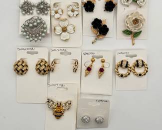 Swarovski Crystal fashion jewely - sparkling earrings and a bee brooch; Crown Trifari earring and brooch sets