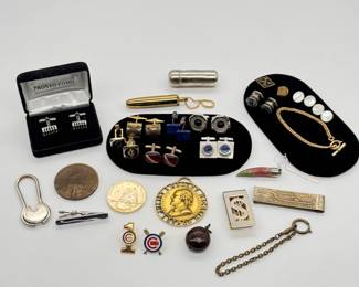 Vintage men's cufflinks sets, tie tacks and tie pins, watch chains, money clips, 