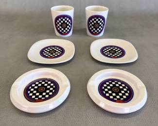 Vintage pop art tableware and ashtrays designed by Peter Max and manufactured by Iroquois China in the late 1960s (c. 1968), featuring the iconic Opticon Checkerboard pattern.