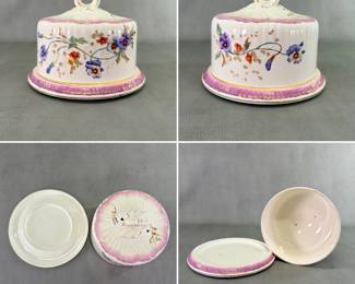 Antique ceramic cheese dome set manufactured by Franz Anton Mehlem (Royal Bonn) in Bonn am Rhein, Germany, late 19th/early 20th century. A ribbed vertical dome decorated with hand-painted transfer ware wildflower motifs and gold trim, sitting on an underplate measuring 8-3/4 inches in diameter. Total height on both pieces combined is 6-1/2 inches.
