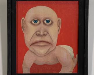 Original painting "The Big Frown" by outsider artist Dennis L. Olejarczyk of Muskegon, Michigan. Signed, and dated '02, front and back. Framed size 17"W x 19-1/4"H.