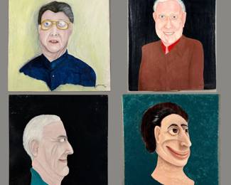 Original, signed paintings by outsider artist Dennis L. Olejarczyk, Michigan. Paint on board, signed. “Portrait” dated ‘03, size 18”W x 20”H; “Anthony Kooker” size 16”W x 20”H; untitled dated ‘03, size 16”W x 18”H; “The Big Smile” dated ‘02, size 13-3/4”W x 16”H.