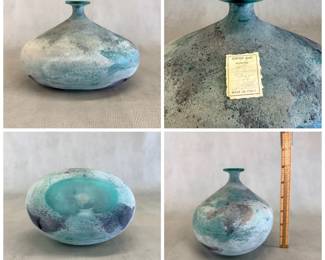 More views of the Murano Cenedese glass vase circa 1960s, blown blue glass treated with the Scavo technique that makes the surface look old, having the appearance of glass from an archeological excavation (the word scavo in Italian means dig.) 8-1/4”W x 5-3/4”H. Designed by Alfredo Barbini, artisan at the Ars Cedenese workshop founded in 1946 by master glassmaker Gino Cenedese.