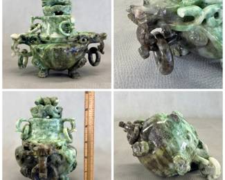 More views of the Chinese carved green hardstone lidded incense burner (censer) featuring dragon and loose-ring motifs; 5-3/4" tall