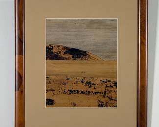 Banana bark artwork landscape scene (2 of 2), 8" x 10", handmade by artisan in Hawai`i, meticulously constructed by layering and arranging pieces of natural dried banana plant fibers and bark. Matted and framed size 15"W x 17"H.