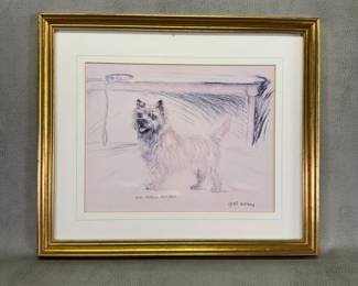 A framed limited edition lithograph featuring a Cairn Terrier by artist Gill Evans, signed, #305/850, frame measures 13-3/4"W x 11-7/8"H.