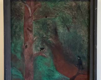 "Regretful Stroll" - original painting by outsider artist Dennis L. Olejarczyk of Muskegon, Michigan.  Signed and dated '96. Framed size 19-1/4"W x 20-1/2"H.
