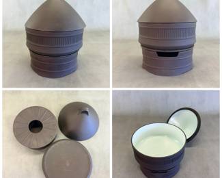 More views of the Dansk Flamestone Fluted Brown 2-quart covered casserole with two-piece warmer stand