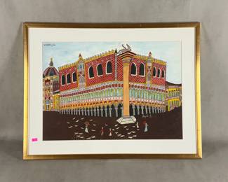 Signed framed painting of Venecija (Venice) by Serbian naive and outsider artist Emerik Feješ (1904-1969).