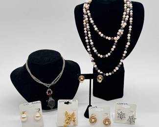 Mid-century earrings and brooch from Les Bernard, Benedikt NY, Ciner, Kramer; a multi-colored freshwater baroque pearl necklace