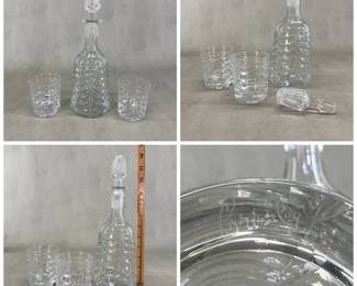 More views of the Tiffany & Co. "Swag" crystal decanter with stopper, and two double old fashioned glasses, handcrafted by the renowned British manufacturer Royal Brierley. Decanter with stopper 12" tall, glasses 3-1/2” tall.