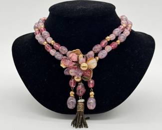 A 1950's vintage Russelet double-strand pink art glass and bead statement necklace, made in France