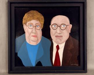 "Bob and Merle Scolnik" - an original painting by outsider artist Dennis L. Olejarczyk of Muskegon, Michigan. Signed and dated '07, framed measurements  29-1/2"W x 28"H.