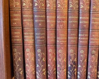 Antique leather-bound volumes of John L. Stoddard's Lectures, a classic 19th- and early 20th-century travel lecture series written by American lecturer and writer John Lawson Stoddard. Set is 12 books that includes volumes I through 7, volumes 9-11, and “Canada 2 Lectures Gibraltar Canada,” “South Tyrol Around Lake Garda The Dolomites,” and “Ireland 2 Lectures Denmark Sweden”