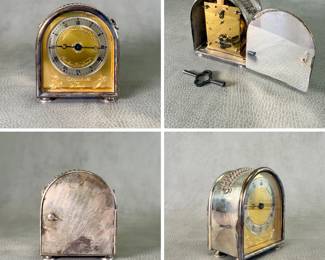 More views of the vintage 1980s Charles Frodsham & Co. London "Elizabeth of Glamis" limited edition sterling silver desk/carriage clock with “Mile-stone” case, #403/800, with original box. 
