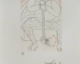 Closeup view of Salvador Dali's "Henry VIII" drypoint etching with color from Dali's Shakespeare II suite, 1971,  hand signed and numbered 131/250.  Image is 5"x7", sheet is 17-1/2 x 12-1/4 inches. Full suite available at this sale.